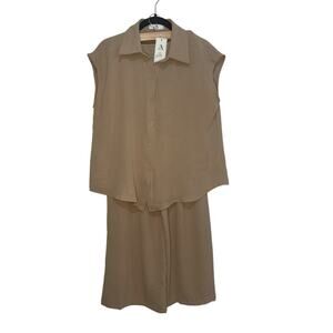 NWT Beige Two-Piece Pant Set • Blouse + Wide-Leg Pants • Size L